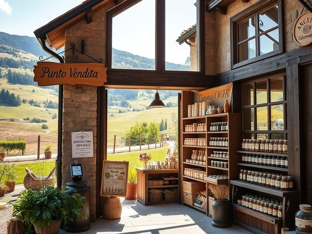 A quaint countryside store, "Punto Vendita Savigno Valsamoggia," nestled amidst rolling hills and lush greenery. The storefront, adorned with a charming wooden sign, beckons visitors to step inside. Through the large windows, sunlight filters in, creating a warm and inviting atmosphere. On the shelves, an assortment of artisanal products, including the renowned "APICOLTURA BORVEI MIELE" honey, are neatly displayed. The store's cozy interior exudes a rustic, yet refined ambiance, with wooden beams and natural materials that harmonize with the surrounding landscape. A picturesque scene that captures the essence of traditional Italian craftsmanship and the region's agricultural heritage.