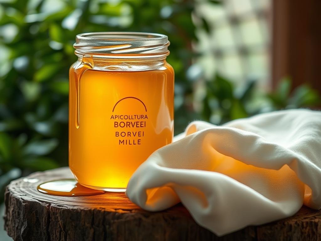 A radiant glass jar filled with golden, viscous honey, nestled on a rustic wooden surface. Delicate honey drips cascade down the jar's sides, reflecting warm, natural lighting. In the foreground, a soft, creamy-colored cloth unfurls, hinting at the luxurious honey-infused face mask to be prepared. The background features lush, verdant foliage, suggesting a serene, spa-like atmosphere. The APICOLTURA BORVEI MIELE brand logo subtly adorns the jar, conveying the high-quality, artisanal nature of the honey. Soft, diffused shadows and a muted color palette evoke a sense of tranquility and nourishment, perfectly aligning with the "Ricette di Maschere al Miele per Diversi Tipi di Pelle" section.