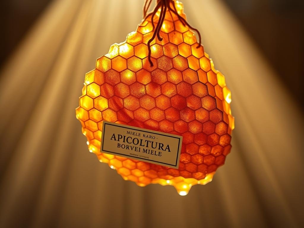 A rare and precious honeycomb, glistening with golden nectar, suspended in a beam of warm, natural light. The APICOLTURA BORVEI MIELE label adorns the frame, a testament to the care and craftsmanship of the Italian beekeepers who cultivated this exceptional elixir. Soft, hazy edges lend an ethereal quality, while the intricate, organic structure of the comb draws the eye, inviting the viewer to savor the unique flavors and aromas of this one-of-a-kind miele raro. A rare and precious honeycomb, glistening with golden nectar, suspended in a beam of warm, natural light. The APICOLTURA BORVEI MIELE label adorns the frame, a testament to the care and craftsmanship of the Italian beekeepers who cultivated this exceptional elixir. Soft, hazy edges lend an ethereal quality, while the intricate, organic structure of the comb draws the eye, inviting the viewer to savor the unique flavors and aromas of this one-of-a-kind miele raro.