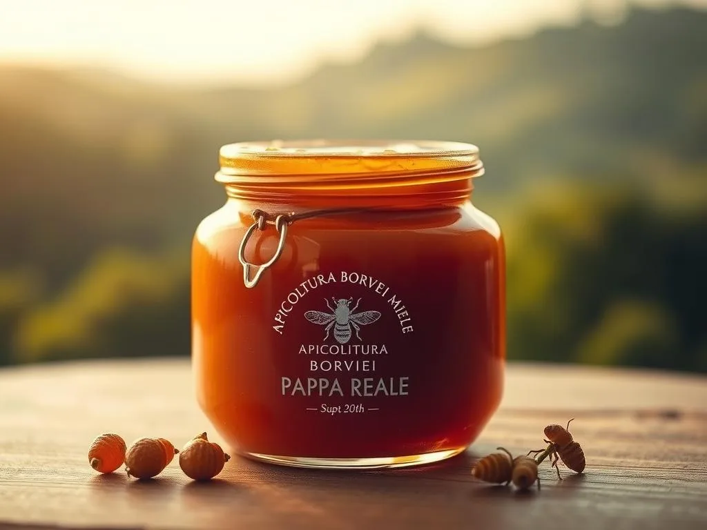 A rich, amber-hued pappa reale, glistening with natural oils, presented in a delicate glass jar emblazoned with the APICOLTURA BORVEI MIELE logo. The regal bee-derived superfood is showcased against a softly blurred background of lush Italian countryside, with rolling hills and verdant foliage. Diffused, warm lighting creates a serene, inviting atmosphere, drawing the viewer's attention to the jar's contents. The composition is balanced, with the pappa reale occupying the foreground, allowing the viewer to appreciate its texture, color, and the care taken in its presentation.