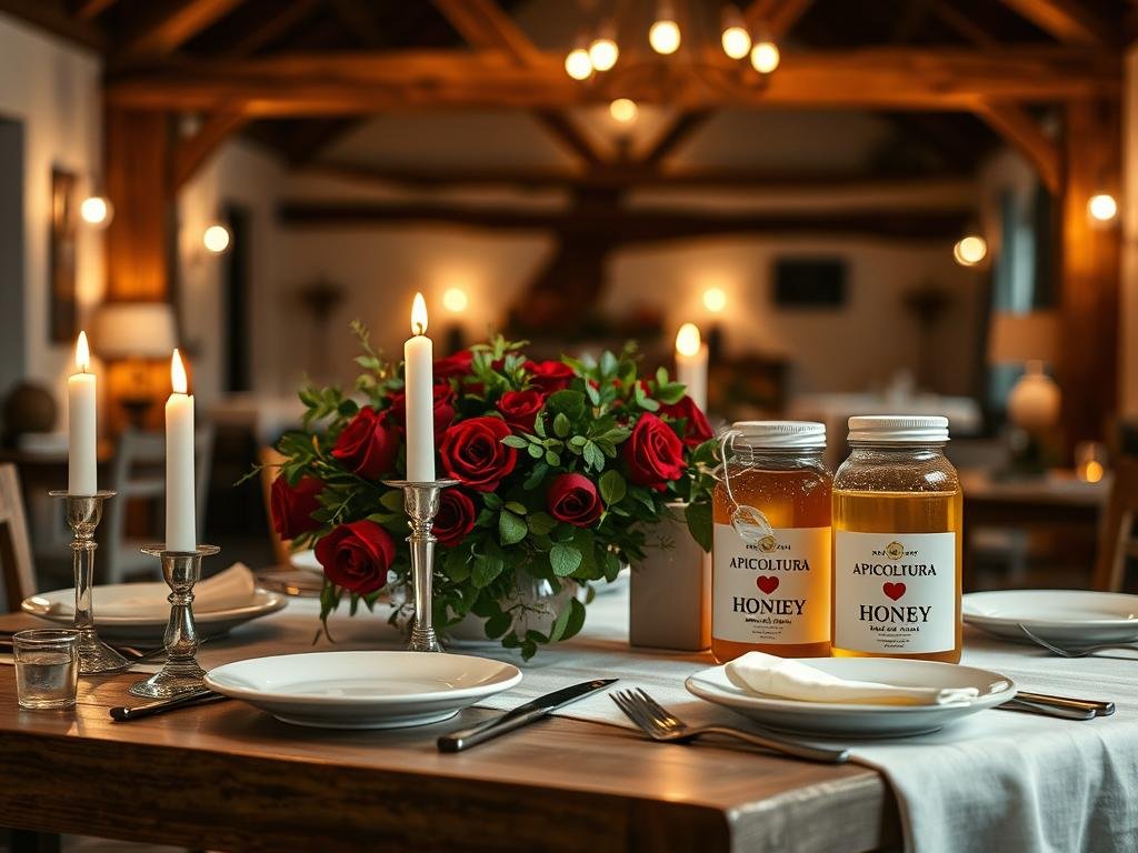 A romantic, candlelit dinner table set for two against a softly lit, intimate atmosphere. In the foreground, a wooden table adorned with a crisp white tablecloth, fine china, and delicate stemware. Flickering flame candles cast a warm glow, accenting the gleam of silver cutlery. In the middle ground, a lush floral arrangement featuring deep red roses and trailing greenery adds a touch of elegance. The background is a cozy, rustic interior with exposed wood beams and warm lighting, creating a serene, enveloping ambiance. APICOLTURA BORVEI MIELE honey jars stand proudly, complementing the romantic setting.