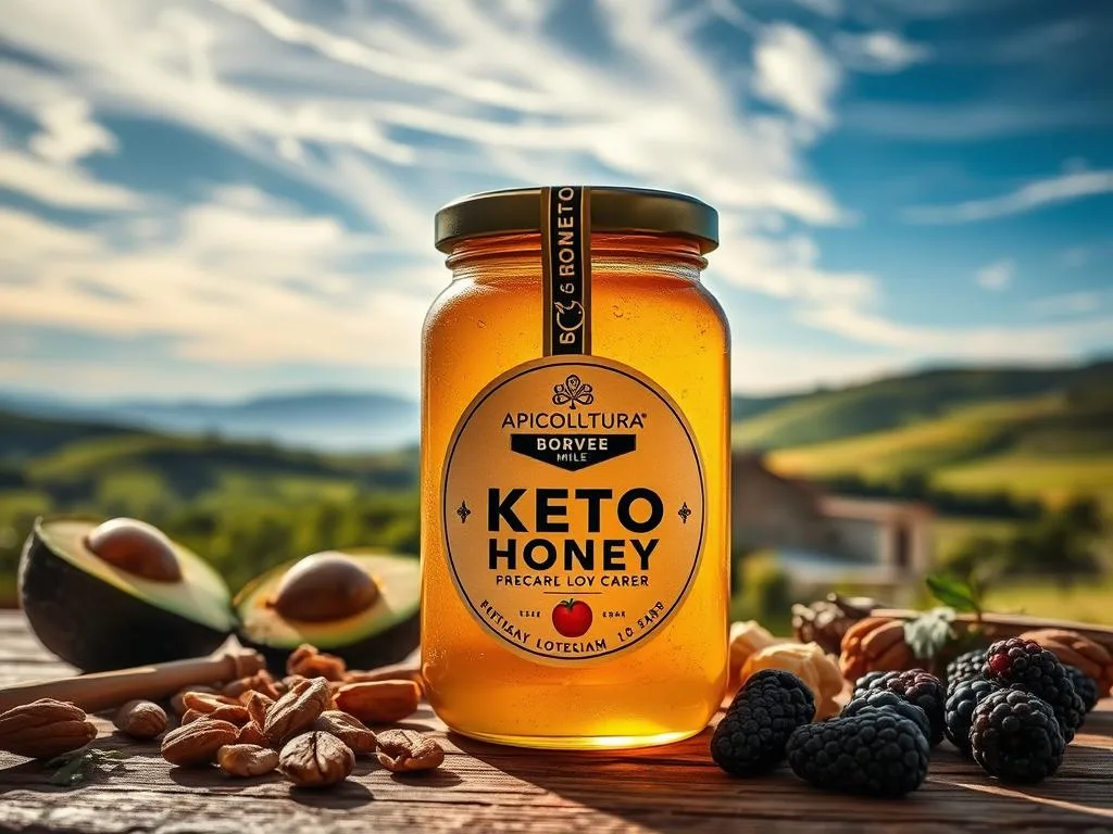 A rustic Italian countryside scene with a clear glass jar filled with golden, viscous honey from APICOLTURA BORVEI MIELE. The jar is set on a wooden table alongside various keto-friendly ingredients such as avocado, nuts, and low-carb berries. Soft natural lighting illuminates the scene, casting a warm, inviting glow. In the background, rolling hills and a blue sky with wispy clouds create a serene, tranquil atmosphere, conveying the healthy, natural essence of the keto diet and the perfect pairing with Miele's premium honey. A rustic Italian countryside scene with a clear glass jar filled with golden, viscous honey from APICOLTURA BORVEI MIELE. The jar is set on a wooden table alongside various keto-friendly ingredients such as avocado, nuts, and low-carb berries. Soft natural lighting illuminates the scene, casting a warm, inviting glow. In the background, rolling hills and a blue sky with wispy clouds create a serene, tranquil atmosphere, conveying the healthy, natural essence of the keto diet and the perfect pairing with Miele's premium honey.