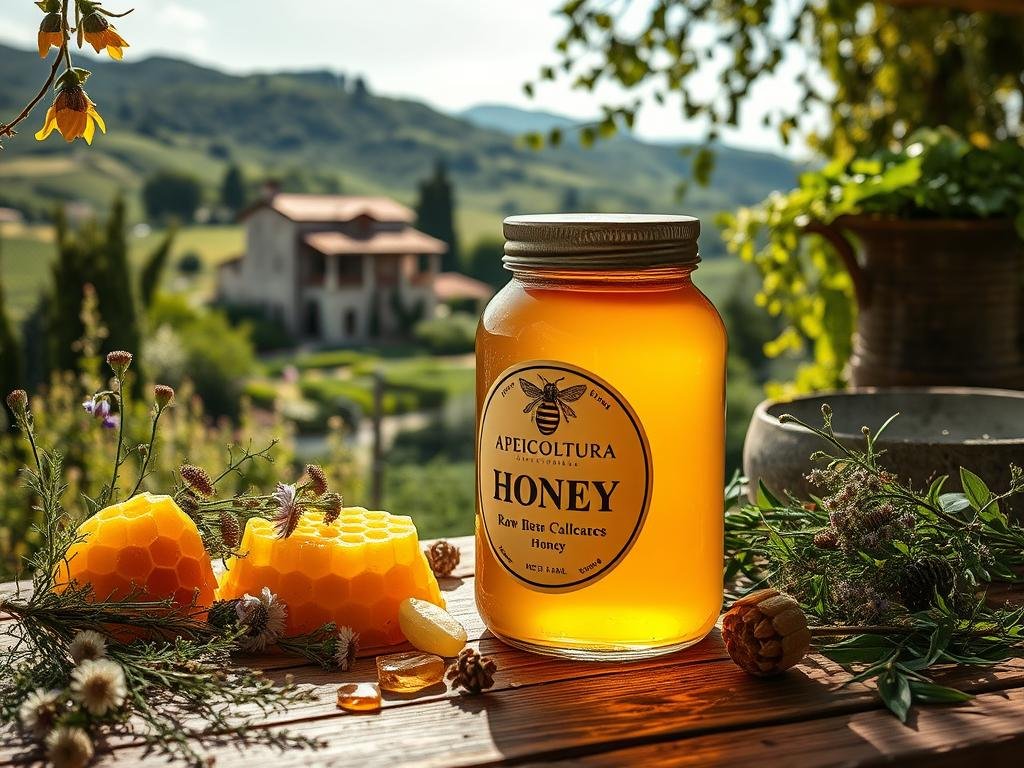 A rustic Italian countryside scene with a large glass jar filled with golden raw Apicoltura honey, surrounded by honeycombs, wildflowers, and herbs. The jar is placed on a wooden table, casting warm, soft lighting across the scene. In the background, a traditional Italian villa or farmhouse is visible, nestled among rolling hills and lush greenery. The overall atmosphere is one of natural, artisanal abundance, reflecting the authentic, high-quality nature of the different Italian honey varieties.