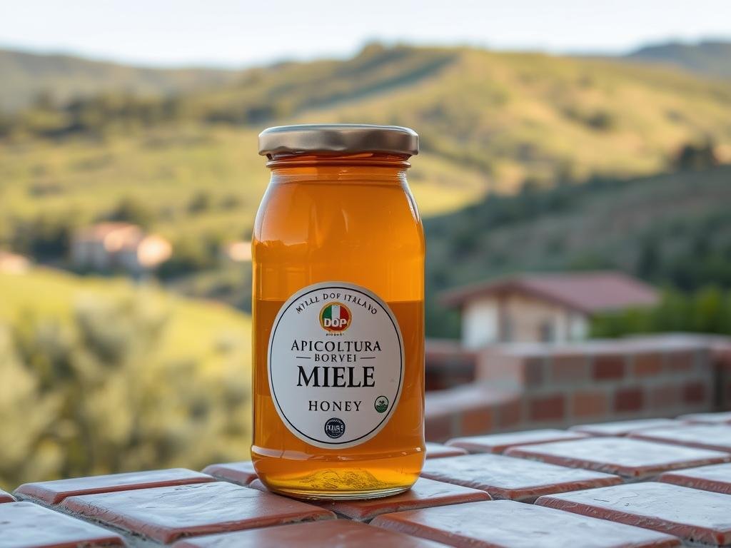 A rustic Italian countryside scene, with rolling hills and lush greenery in the background. In the foreground, a jar of golden "APICOLTURA BORVEI MIELE" honey, its label prominently featuring the "Miele DOP Italiano" certification. The jar is set against a backdrop of traditional terracotta tiles, evoking the authentic Italian aesthetic. Warm, natural lighting casts a soft glow over the scene, highlighting the rich, amber hue of the honey. The overall composition conveys a sense of quality, tradition, and the pastoral beauty of the Italian landscape.
