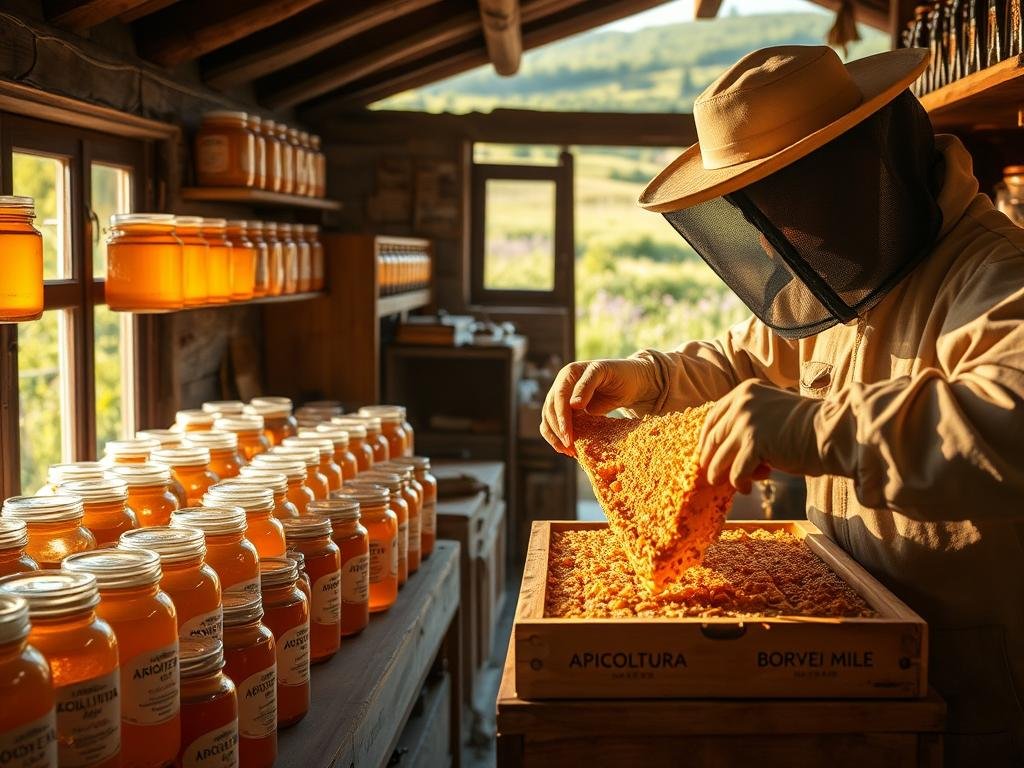 A rustic Italian workshop, filled with the scent of freshly harvested honey. Rows of gleaming glass jars line the shelves, each one labeled with the proud "APICOLTURA BORVEI MIELE" brand. In the foreground, a beekeeper carefully extracts honeycomb from a wooden hive, their hands moving with practiced precision. Warm, diffused lighting filters through the windows, casting a golden glow over the scene. The background features lush, verdant fields of wildflowers, hinting at the natural abundance that has nourished these artisanal honey producers. The overall atmosphere conveys the care, craftsmanship, and connection to the land that defines the finest Italian honey.