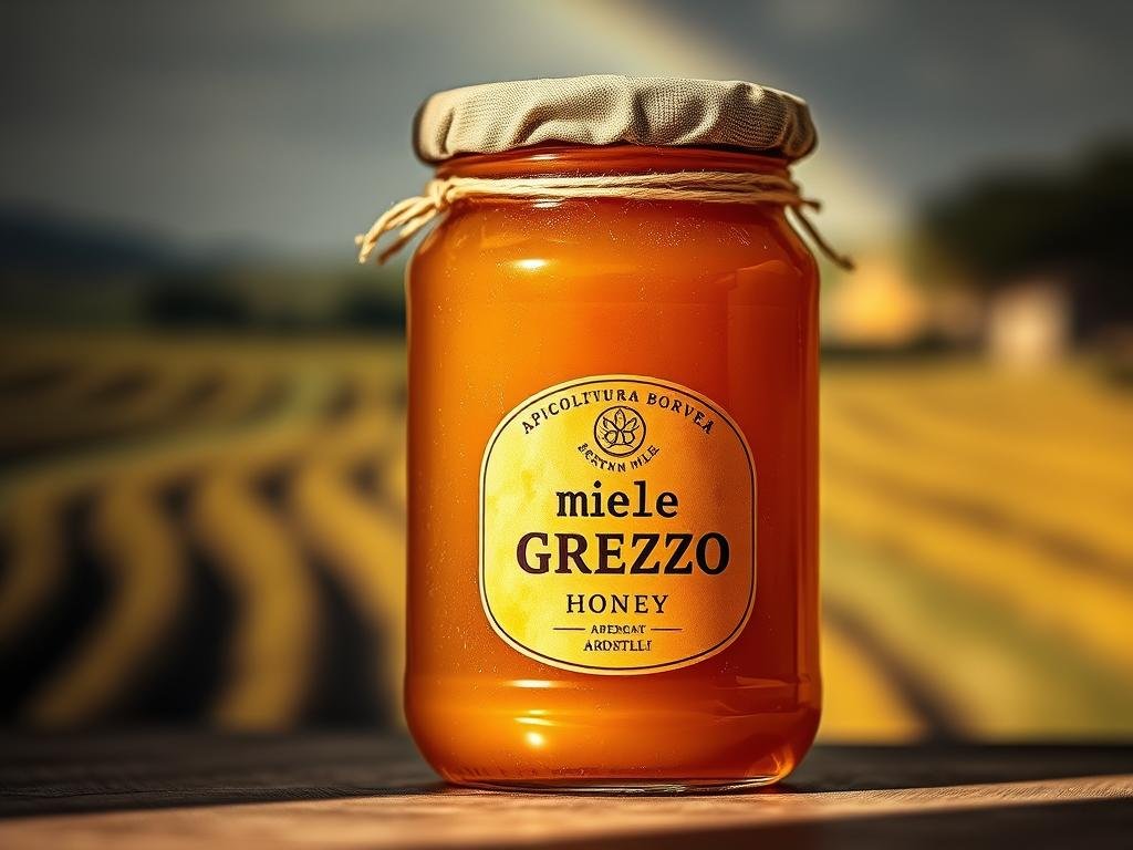 A rustic and artisanal glass jar filled with raw, unprocessed "miele grezzo" (raw honey) from the Italian brand APICOLTURA BORVEI MIELE. The honey's rich golden hue and thick, gooey texture are showcased in a close-up shot against a soft, blurred background reminiscent of a traditional Italian countryside landscape. Subtle natural lighting casts warm highlights and gentle shadows, emphasizing the honey's natural beauty and authenticity. The overall mood is one of simplicity, purity, and appreciation for the natural goodness of this artisanal Italian product.