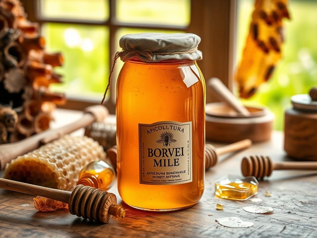 A rustic and artisanal glass jar filled with rich, golden "miele artigianale" (artisanal honey) sits on a wooden table, surrounded by a natural beehive, honeycombs, and other traditional beekeeping tools. The scene is bathed in warm, soft lighting, creating a cozy and authentic atmosphere. In the background, a verdant, lush meadow can be seen through a window, hinting at the local, organic sources of the honey. The label on the jar prominently displays the brand name "APICOLTURA BORVEI MIELE", emphasizing the small-scale, handcrafted nature of this premium product. A rustic and artisanal glass jar filled with rich, golden "miele artigianale" (artisanal honey) sits on a wooden table, surrounded by a natural beehive, honeycombs, and other traditional beekeeping tools. The scene is bathed in warm, soft lighting, creating a cozy and authentic atmosphere. In the background, a verdant, lush meadow can be seen through a window, hinting at the local, organic sources of the honey. The label on the jar prominently displays the brand name "APICOLTURA BORVEI MIELE", emphasizing the small-scale, handcrafted nature of this premium product.