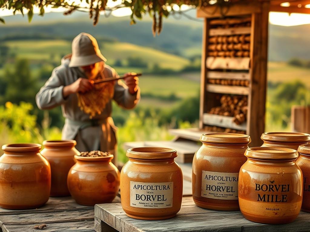 A rustic and charming artisanal honey production scene. In the foreground, a beekeeper in traditional attire carefully tends to a wooden beehive, delicately removing honeycomb. In the middle ground, a collection of earthenware pots and jars wait to be filled with the golden elixir, bearing the label "APICOLTURA BORVEI MIELE". The background features a bucolic Italian countryside, with rolling hills, lush greenery, and a warm, golden-hued natural lighting that bathes the scene in a cozy, ambient glow. The overall mood conveys the care, craftsmanship, and tradition that goes into the production of this artisanal honey.