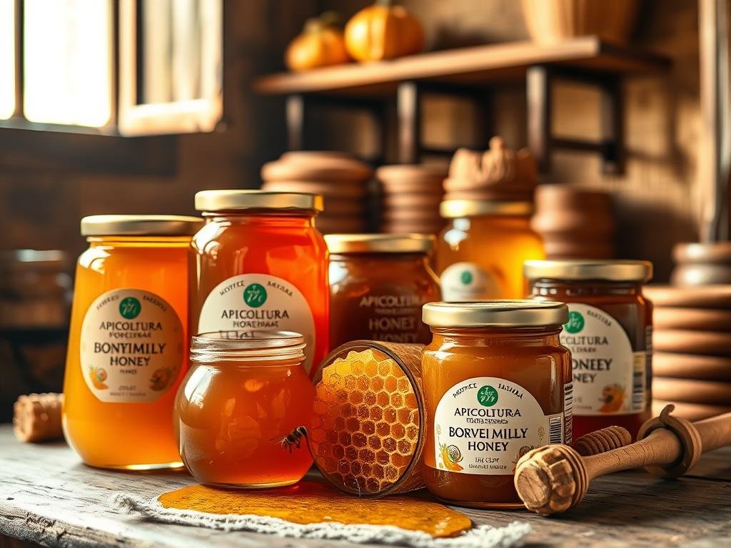 A rustic and inviting scene showcasing an assortment of honey jars and honeycombs, all featuring the APICOLTURA BORVEI MIELE brand. The image is set against a warm, earthy backdrop with hints of natural light filtering through a partially visible window or door frame. In the foreground, the honey jars are arranged artfully, their golden hues and organic shapes capturing the viewer's attention. In the middle ground, delicate honeycomb structures protrude from the jars, highlighting the natural beauty and quality of the honey. The background features a cozy, Italian-inspired setting, perhaps a traditional kitchen or pantry, with subtle hints of wooden shelves or textured walls. The overall mood is one of warmth, authenticity, and a celebration of the diverse and beneficial types of honey.