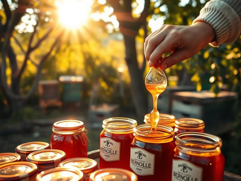 A rustic apiary in the Italian countryside, showcasing the artisanal craftsmanship of APICOLTURA BORVEI MIELE. Warm, golden sunlight filters through the trees, illuminating jars of rich, amber-colored honey. In the foreground, a beekeeper's hands carefully fill the jars, their movements precise and experienced. The background features hives nestled among lush greenery, reflecting the brand's commitment to sustainable, small-batch honey production. The scene conveys a sense of quality, authenticity, and the personal touch of a trusted, local producer.