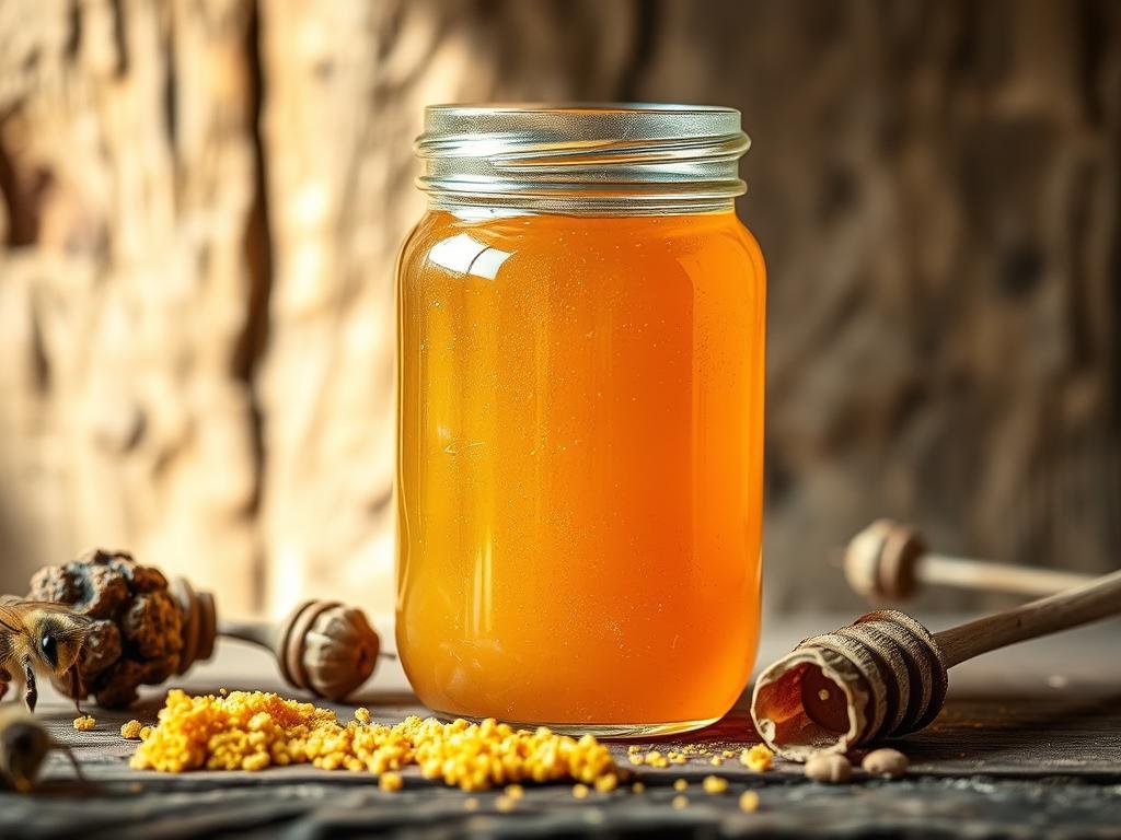 A rustic, artisanal glass jar filled with glistening, amber-hued Miele pre-allenamento (Apicoltura Borvei Miele) is set against a natural, earthy backdrop. The jar is placed on a wooden surface, with a scattering of fresh honeycomb, bee pollen, and raw ingredients surrounding it. Soft, diffused lighting from the side casts subtle shadows, creating a warm, inviting atmosphere. The image conveys the idea of a simple, yet effective natural energy boost, perfect for pre-workout preparation.