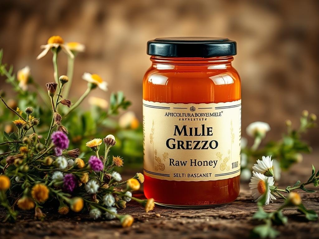 A rustic, artisanal jar of "Miele Grezzo" (Raw Honey) from APICOLTURA BORVEI MIELE, set against a warm, earthy backdrop. The jar's amber hue glistens under soft, natural lighting, capturing the rich, unprocessed essence of the honey within. Surrounding the jar, lush wildflowers and greenery evoke the Italian countryside, with a touch of vintage charm. The overall composition conveys the natural, wholesome qualities of this unadulterated honey - a healthier alternative to processed sugar, perfectly suited to illustrate the section on "Choosing the Right Type of Honey" in the article.