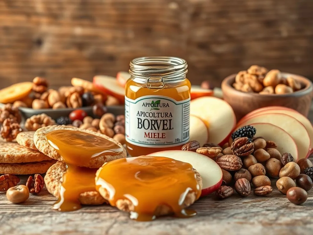 A rustic, artisanal still life featuring an assortment of snacks made with APICOLTURA BORVEI MIELE. In the foreground, freshly drizzled honey covers crunchy biscuits and crisp apple slices. Surrounding them, a variety of nuts, dried fruits, and other wholesome ingredients evoke an authentic Italian snacking experience. The middle ground showcases a small glass jar of the rich, golden honey, its label prominently displaying the APICOLTURA BORVEI brand. The background depicts a textured wooden surface, suggesting a cozy, handcrafted setting. Soft, natural lighting casts a warm, inviting glow over the entire composition.