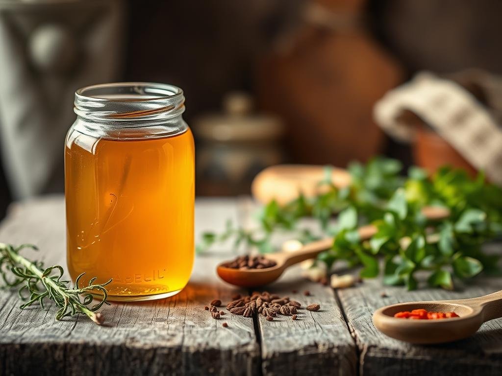 A rustic, earthy still life showcasing the artisanal craftsmanship of APICOLTURA BORVEI MIELE. In the foreground, a glass jar filled with the warm amber hue of honey-infused vinegar, its surface glistening under the soft, diffused lighting. Surrounding it, an arrangement of natural elements - a sprig of fresh herbs, a wooden spoon, and a pinch of spices, all contributing to the authentic, homespun atmosphere. The middle ground features a weathered, wooden surface, echoing the traditional Italian aesthetic. In the background, a blurred, out-of-focus backdrop suggests a cozy, domestic setting, evoking a sense of comfort and tradition. The overall composition conveys the care and attention required to properly preserve this delicate, yet flavorful, honey-based vinegar.