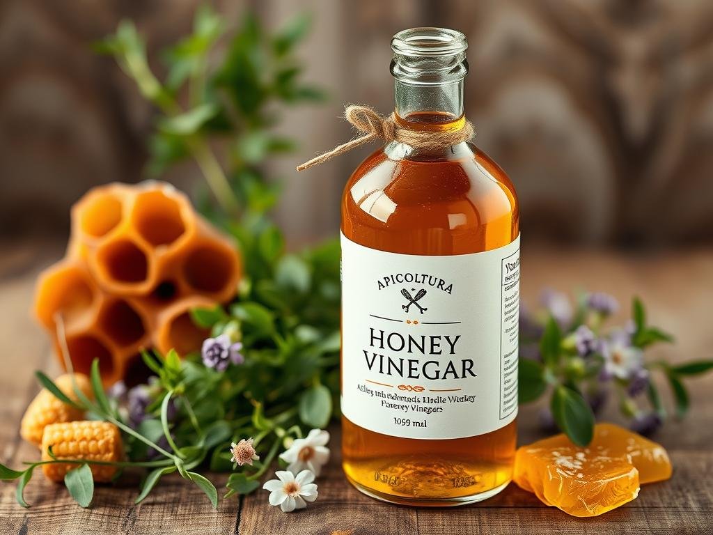 A rustic glass bottle filled with artisanal honey vinegar, the label displaying the brand name "APICOLTURA BORVEI MIELE". The bottle is placed on a wooden surface, surrounded by fresh herbs, flowers, and a few honeycomb pieces, evoking the authentic, handcrafted nature of the product. Soft, natural lighting illuminates the scene, creating a warm, inviting atmosphere. The composition emphasizes the high-quality, locally sourced ingredients and the artisanal production process behind this unique honey vinegar.