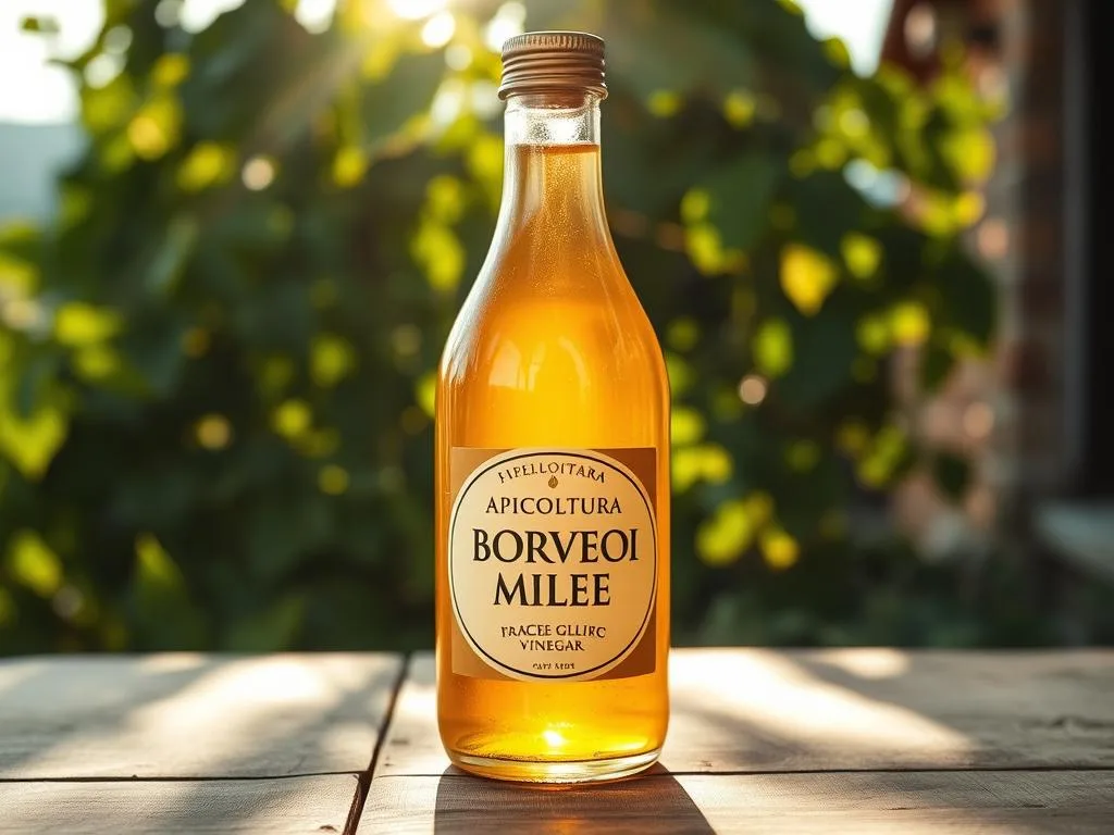 A rustic glass bottle filled with the golden elixir of "aceto di miele" (honey vinegar) against a backdrop of a traditional Italian countryside. The label prominently displays the brand name "APICOLTURA BORVEI MIELE". Sunlight filters through the bottle, casting warm, soft lighting that accentuates the honey-like hue of the liquid. In the middle ground, a wooden table or surface provides a simple, natural setting. The background features lush green foliage, suggesting a serene, pastoral scene. The overall composition evokes a sense of artisanal craftsmanship, quality, and the essence of Italian culinary traditions.