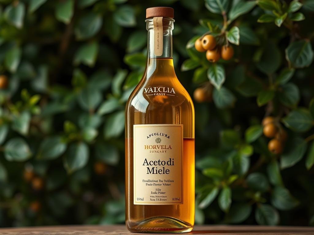 A rustic glass bottle filled with the golden nectar of "Aceto di Miele" by APICOLTURA BORVEI MIELE, set against a backdrop of lush, verdant foliage. The bottle's label features a delicate floral motif, hinting at the ancient tradition and artisanal craftsmanship behind this unique vinegar. Soft, diffused lighting casts a warm glow, highlighting the rich, amber hue of the liquid within. The scene evokes a sense of timeless elegance and the rediscovery of a centuries-old Italian culinary treasure.