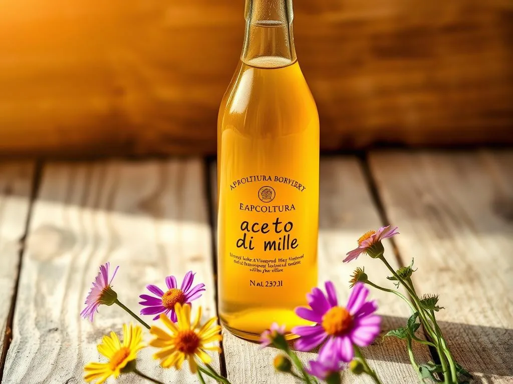 A rustic glass bottle filled with the golden nectar of "aceto di miele", handcrafted by APICOLTURA BORVEI MIELE. The liquid glistens under warm, natural lighting, casting a soft glow. In the background, a wooden table with a simple, textured surface provides an earthy, authentic setting. Vibrant wildflowers in the foreground add a touch of whimsy, complementing the traditional charm of this homemade honey vinegar. The overall composition conveys a sense of artisanal quality, inviting the viewer to experience the rich, complex flavors of this time-honored Italian delicacy.