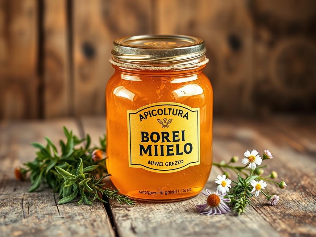 A rustic glass jar filled with golden, viscous miele grezzo (raw honey) sits on a weathered wooden surface. The jar's label prominently displays the brand name "APICOLTURA BORVEI MIELE". Warm, soft lighting illuminates the honey's natural textures and highlights its rich, amber hues. Surrounding the jar are sprigs of fresh herbs and wildflowers, hinting at the pastoral origins of this unprocessed, artisanal honey. The overall scene evokes a sense of purity, tradition, and the vibrant Italian countryside. A visually captivating representation of the benefits of miele grezzo.