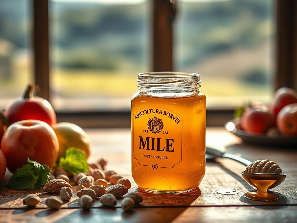 A rustic glass jar filled with golden, viscous miele (honey) sits on a wooden table, surrounded by fresh fruit, nuts, and a spoon. The lighting is soft and warm, casting a natural glow over the scene. In the background, a blurred landscape of Italian countryside is visible through a window, hinting at the origin of this locally-sourced APICOLTURA BORVEI MIELE. The overall atmosphere is one of calm preparation, inviting the viewer to imagine how this miele could be incorporated into a pre-workout routine to provide natural energy and endurance.