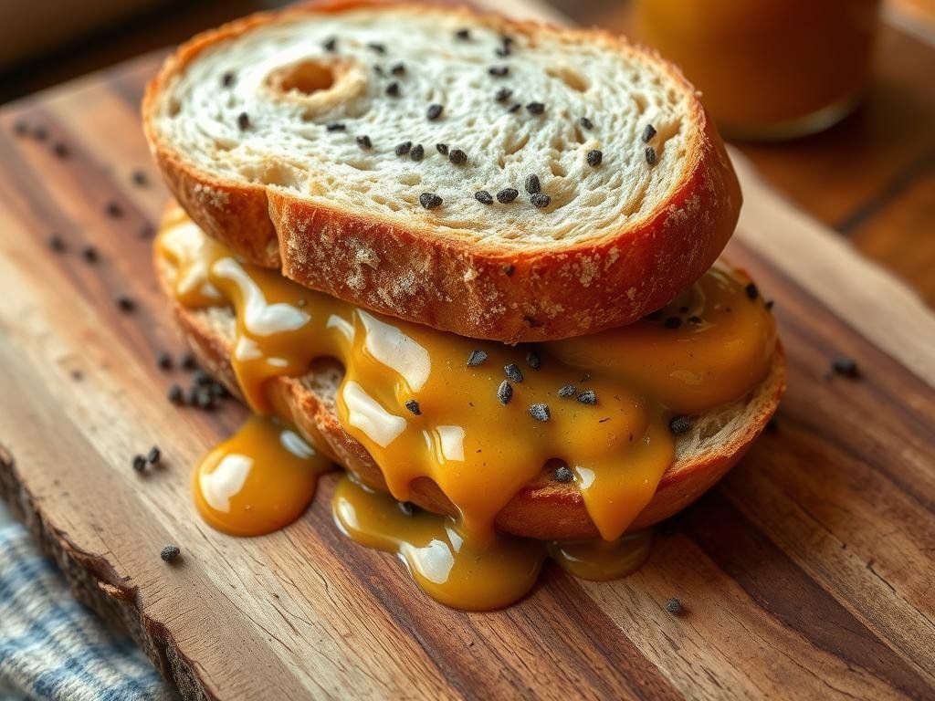 A rustic, handcrafted wooden board displays a sumptuous gourmet sandwich, its crusty bread slices drizzled with a glossy, amber-hued sauce. The sauce, a captivating blend of APICOLTURA BORVEI MIELE and robust Dijon mustard, glistens alluringly under the warm, natural lighting. Freshly cracked black pepper adds a touch of sophistication, while the overall presentation evokes a cozy, artisanal Italian café. The scene exudes a mouthwatering, artisanal ambiance, perfectly capturing the essence of this delectable honey and mustard sauce for gourmet sandwiches.