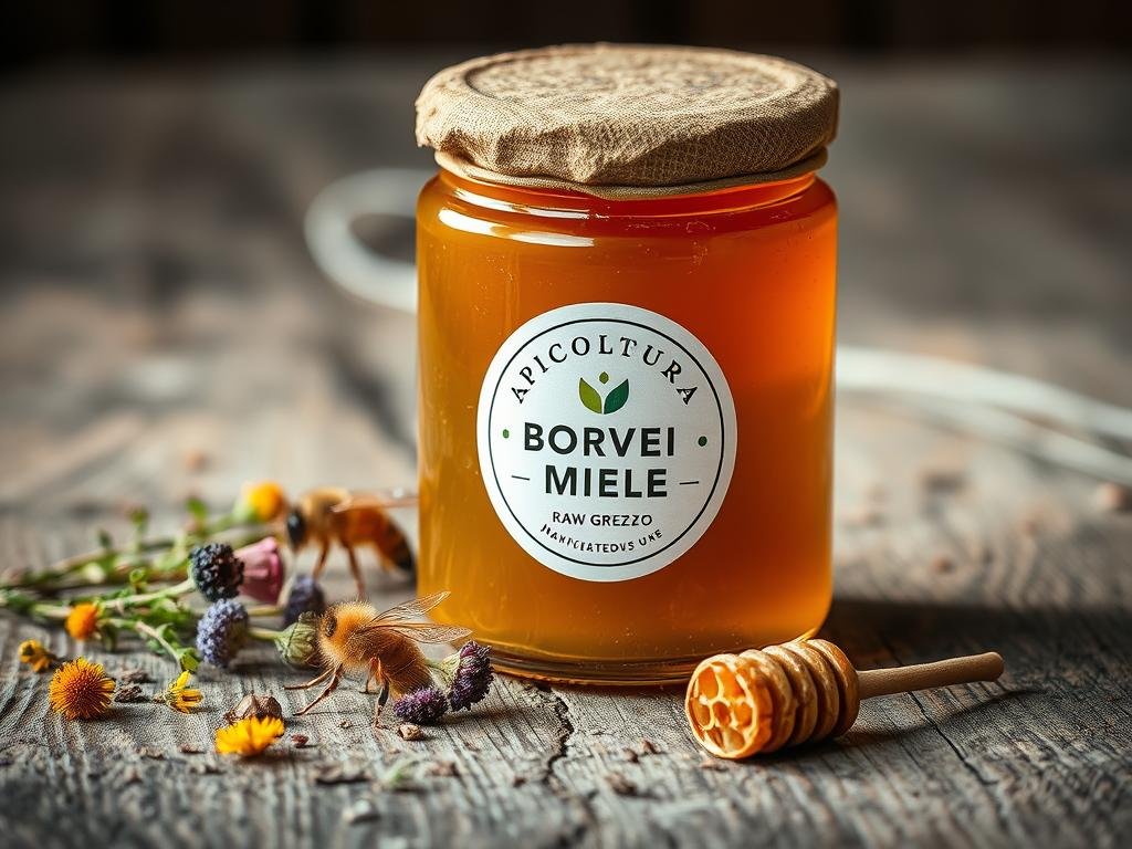 A rustic jar of raw, unprocessed "miele grezzo" (raw honey) sits on a weathered wooden surface, its golden hue and thick, viscous texture visible through the glass. Surrounding the jar are scattered wildflowers, dried herbs, and a sprig of honeycomb, evoking the natural origins of this artisanal honey. Soft, diffused lighting from the side creates gentle shadows and highlights the product's organic, handcrafted qualities. The APICOLTURA BORVEI MIELE logo is prominently displayed on the jar's label, emphasizing the artisanal, local provenance of this premium, unfiltered honey.