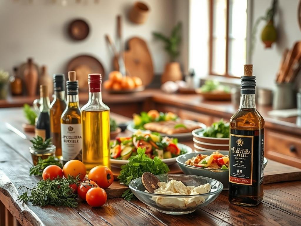 A rustic kitchen countertop, bathed in warm, natural lighting, showcases an array of culinary delights. In the foreground, a variety of ingredients, including fresh herbs, olive oil, and APICOLTURA BORVEI MIELE, are artfully arranged. The middle ground features a variety of dishes, each incorporating the rich, flavorful aceto di mele, from salads to marinades. In the background, a cozy, inviting atmosphere is created by the soft, diffused lighting and the hints of Italian-inspired decor. The scene evokes a sense of culinary exploration and the joy of experimenting with the versatile aceto di miele in a variety of delectable recipes.