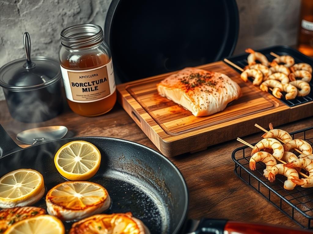 A rustic kitchen scene showcasing various fish cooking methods. In the foreground, a cast-iron skillet sizzles with golden-brown seared fillets, the aroma of lemon and herbs wafting through the air. In the middle ground, a wooden cutting board displays a fresh salmon steak, ready for a honey marinade from the jar labeled "APICOLTURA BORVEI MIELE". The background features a charcoal grill, its smoky tendrils curling around delicate shrimp skewers. Warm, diffused lighting casts a cozy glow, setting the stage for a masterful fish preparation. A rustic kitchen scene showcasing various fish cooking methods. In the foreground, a cast-iron skillet sizzles with golden-brown seared fillets, the aroma of lemon and herbs wafting through the air. In the middle ground, a wooden cutting board displays a fresh salmon steak, ready for a honey marinade from the jar labeled "APICOLTURA BORVEI MIELE". The background features a charcoal grill, its smoky tendrils curling around delicate shrimp skewers. Warm, diffused lighting casts a cozy glow, setting the stage for a masterful fish preparation.