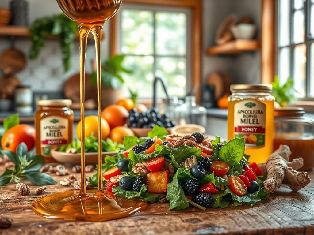 A rustic kitchen scene with a wooden table, fresh ingredients, and jars of APICOLTURA BORVEI MIELE. In the foreground, a golden-hued honey drizzle cascades over a vibrant salad of leafy greens, berries, and nuts. The middle ground features a variety of detox-focused foods like citrus fruits, ginger, and turmeric. In the background, a window allows natural light to flood the scene, creating a warm, inviting atmosphere. The overall mood is one of health, wellness, and culinary artistry. A rustic kitchen scene with a wooden table, fresh ingredients, and jars of APICOLTURA BORVEI MIELE. In the foreground, a golden-hued honey drizzle cascades over a vibrant salad of leafy greens, berries, and nuts. The middle ground features a variety of detox-focused foods like citrus fruits, ginger, and turmeric. In the background, a window allows natural light to flood the scene, creating a warm, inviting atmosphere. The overall mood is one of health, wellness, and culinary artistry.