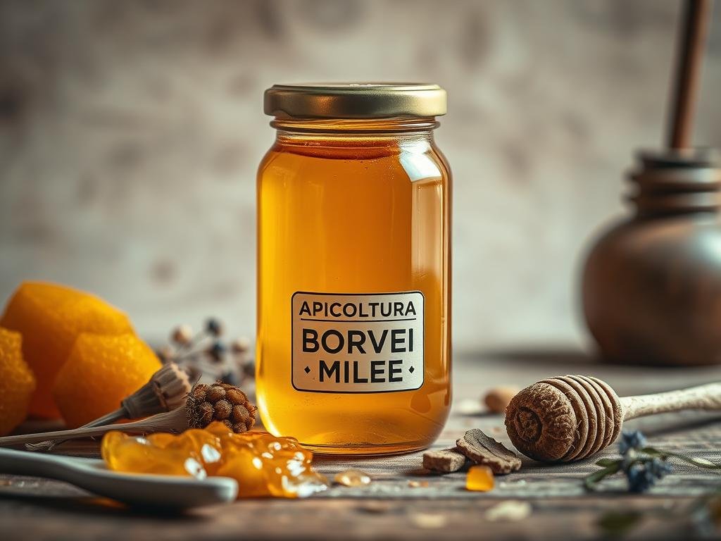 A rustic still life arrangement featuring a glass jar labeled "APICOLTURA BORVEI MIELE", showcasing the rich, golden honey inside. The jar is placed on a wooden table, surrounded by natural elements like honeycomb, dried flowers, and a few honey-based snacks. Soft, warm lighting illuminates the scene, highlighting the texture and viscosity of the honey. The overall mood is one of tranquility and simplicity, evoking the natural goodness and energy-boosting properties of pure, raw honey. The composition is balanced and visually appealing, capturing the essence of the "Confronto tra Miele e Altri Energetici" section.