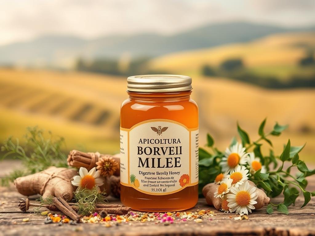 A rustic still life depicting a jar of "APICOLTURA BORVEI MIELE" alongside various digestive herbs and spices. The jar is positioned in the foreground, with a soft, warm lighting illuminating its natural honey tones. In the middle ground, a scattering of fennel, ginger, and chamomile flowers adds a soothing, herbal atmosphere. The background features a subtle, blurred Italian countryside landscape, hinting at the origins of this pure, nourishing honey. The overall composition conveys a sense of wellness, balance, and the restorative properties of this honey for digestive health.