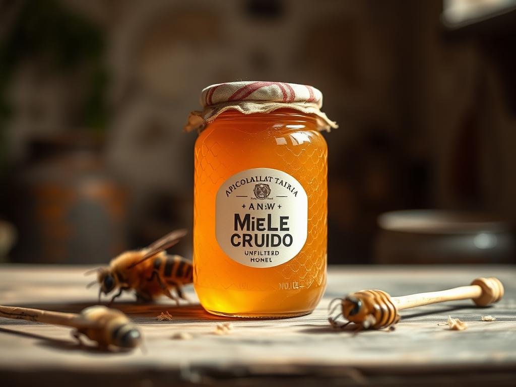 A rustic still life featuring a jar of raw, unprocessed "miele crudo" (APICOLTURA BORVEI MIELE) on a wooden surface. Soft natural lighting illuminates the jar's rich, golden hue and the textured, comb-like patterns of the unfiltered honey. The background is a blurred, cozy Italian countryside, evoking a pastoral, artisanal ambiance. The camera angle is slightly low, emphasizing the jar's handcrafted, artisanal quality. The overall mood is warm, earthy, and inviting, showcasing the purity and authenticity of this unprocessed, premium honey.