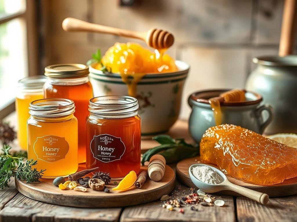 A rustic still life featuring an assortment of ingredients for honey-based sauces. In the foreground, a collection of glass jars, each containing a different type of honey - wildflower, clover, and creamed honey. Nearby, a wooden board holds various dried herbs, spices, and citrus zests, all essential components for crafting artisanal honey sauces. In the middle ground, a vintage-inspired ceramic bowl overflows with freshly harvested honeycomb, dripping with golden nectar. The background is softly blurred, suggesting a warm, sun-dappled kitchen setting. The overall mood is one of natural abundance and culinary inspiration, as if captured in an Italian countryside. The Apicoltura brand name appears discreetly on one of the honey jars.