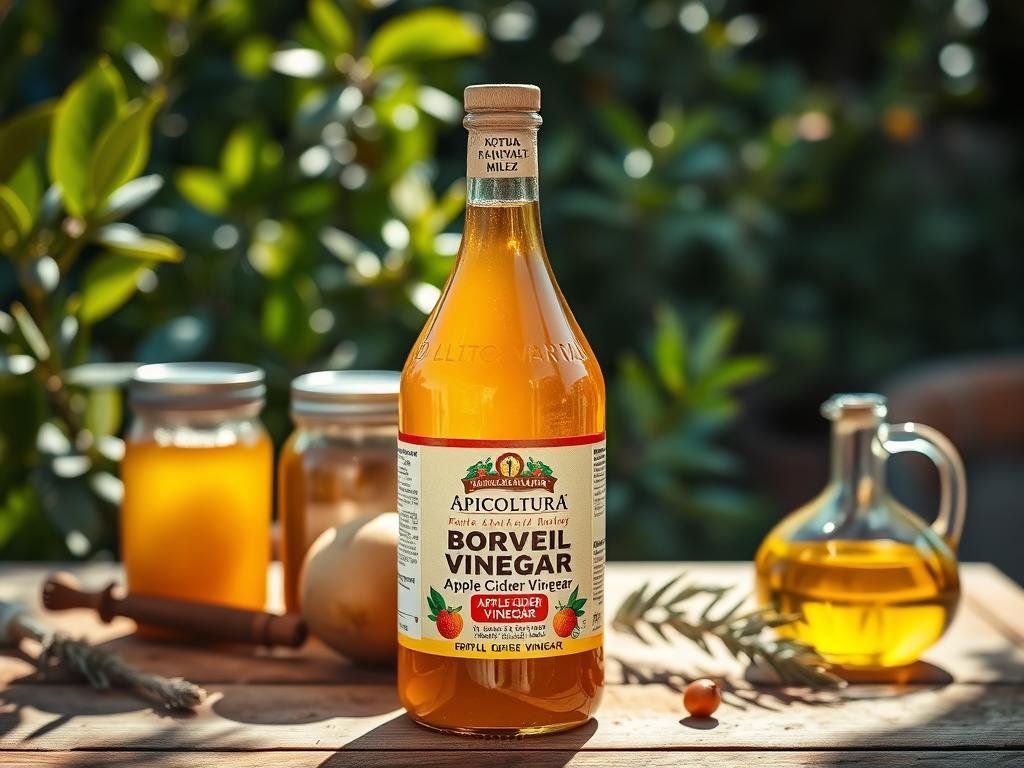 A rustic still life showcasing a bottle of "APICOLTURA BORVEI MIELE" apple cider vinegar and a glass bottle of golden olive oil. The jars are arranged on a wooden table, with a backdrop of lush green foliage and warm Mediterranean sunlight casting soft shadows. The scene evokes a sense of natural, wholesome simplicity, perfectly suited to illustrate the "Ricette e Combinazioni Efficaci" section of the article on the natural skin care benefits of apple cider vinegar.