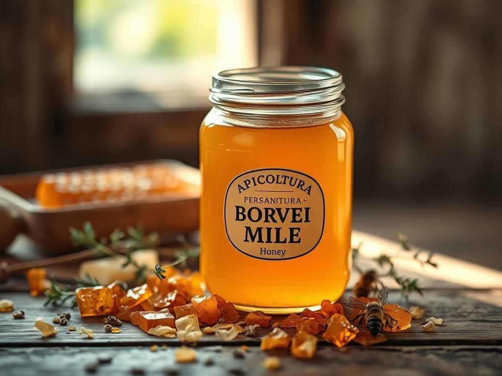 A rustic still life showcasing a glass jar filled with the rich, golden hue of APICOLTURA BORVEI MIELE. The jar sits atop a wooden surface, surrounded by a scatter of honeycomb fragments and a few sprigs of fragrant herbs. Soft, natural lighting filters in, casting a warm, inviting glow over the scene. The composition evokes the artisanal, time-honored process of honey fermentation, hinting at the care and attention poured into this pure, wholesome product. This tranquil, earthy image perfectly captures the essence of the online-purchased honey's long-lasting qualities and traditional Italian provenance.