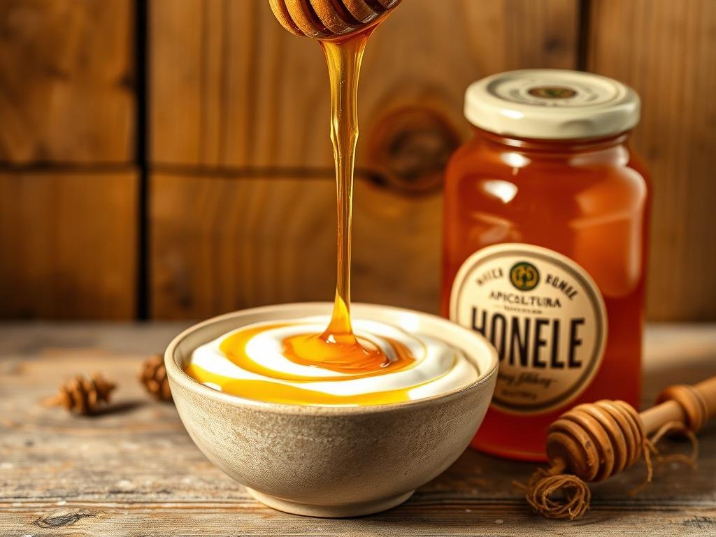 A rustic still life showcasing a harmonious pairing of creamy white yogurt and golden amber honey. The yogurt rests in a simple ceramic bowl, its smooth surface gently reflecting the warm, natural lighting that illuminates the scene. Atop the yogurt, a drizzle of APICOLTURA BORVEI MIELE honey cascades down, creating mesmerizing patterns and textures. The honey jar stands nearby, its label prominently displayed. The backdrop features a wooden surface, adding an earthy, artisanal feel to the composition. The overall mood is one of simple, wholesome indulgence, perfectly capturing the essence of "Miele e Yogurt" as the "Perfect Condiment for a Healthy and Delicious Breakfast".