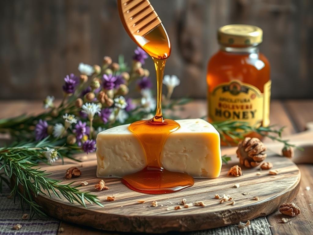 A rustic still life showcasing the artful pairing of Miele e Formaggio. In the foreground, a wedge of creamy, golden-hued cheese sits atop a wooden board, drizzled with the rich, amber nectar of APICOLTURA BORVEI MIELE. Surrounding the centerpiece, an arrangement of wildflowers, sprigs of rosemary, and a sprinkling of crushed walnuts adds a touch of natural elegance. The lighting is soft and warm, casting a gentle glow over the scene, evoking the cozy ambiance of an Italian countryside kitchen. The composition is balanced and visually appealing, capturing the essence of the harmonious relationship between the sweet honey and the savory cheese.