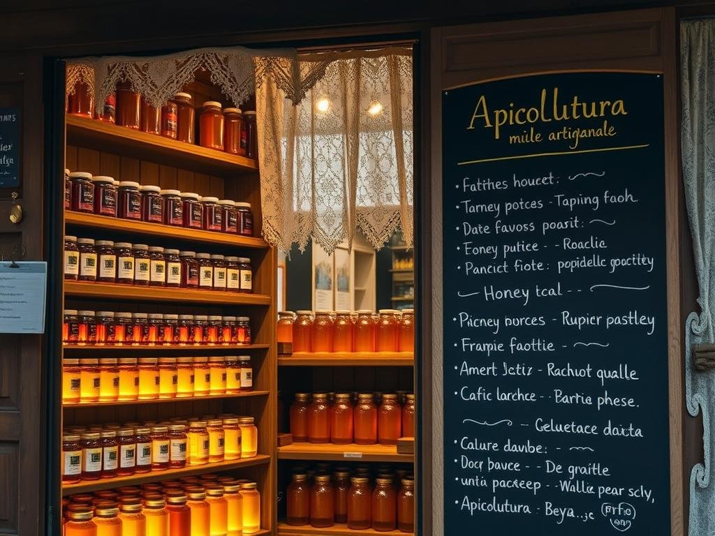 A rustic storefront showcasing the artisanal honey of Apicoltura, its wooden shelves brimming with warm, golden jars. Soft lighting filters through lace curtains, casting a cozy glow over the display. The scene evokes a sense of craftsmanship and local tradition, hinting at the care and quality that goes into each batch of "miele artigianale". A chalkboard menu lists the various honeys available, their distinct flavors and origins. The overall atmosphere is inviting, reflecting the passion and expertise of the Apicoltura brand.