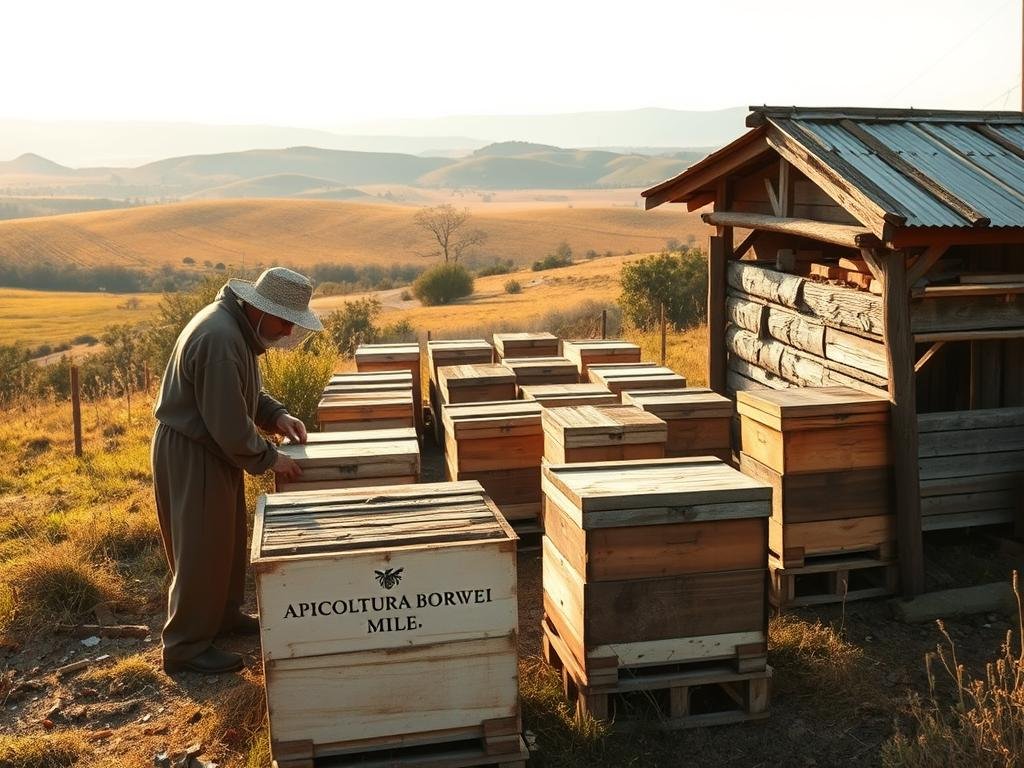 A rustic, weathered apiary set against a backdrop of rolling hills and a vast, open sky. In the foreground, a beekeeper clad in traditional garb carefully tending to a hive, their movements precise and practiced. The scene is bathed in warm, golden light, casting a nostalgic, timeless atmosphere. In the middle ground, a collection of wooden beehives emblazoned with the APICOLTURA BORVEI MIELE brand name stands as a testament to the centuries-old craft of beekeeping. The overall composition evokes a sense of harmony between man, nature, and the ancient traditions of honey production. A rustic, weathered apiary set against a backdrop of rolling hills and a vast, open sky. In the foreground, a beekeeper clad in traditional garb carefully tending to a hive, their movements precise and practiced. The scene is bathed in warm, golden light, casting a nostalgic, timeless atmosphere. In the middle ground, a collection of wooden beehives emblazoned with the APICOLTURA BORVEI MIELE brand name stands as a testament to the centuries-old craft of beekeeping. The overall composition evokes a sense of harmony between man, nature, and the ancient traditions of honey production.