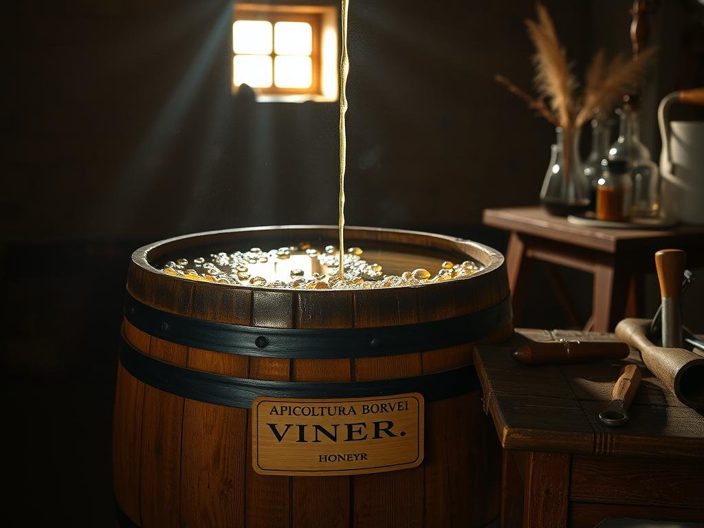 A rustic wooden barrel sits in a dimly lit cellar, its surface glistening with the slow, steady drip of fermenting honey vinegar. Sunlight filters through a small window, casting warm shadows across the scene. The label "APICOLTURA BORVEI MIELE" adorns the barrel, a testament to the skilled beekeepers behind this artisanal process. Bubbles rise to the surface, signaling the transformation of sweet honey into a complex, tangy elixir. The air is thick with the earthy, slightly sweet aroma of the fermentation, hinting at the flavors to come. A weathered wooden table nearby holds various tools and instruments, suggesting the careful monitoring and attention required to coax out the best qualities of this unique vinegar.