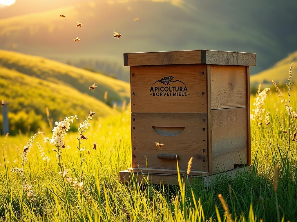 A rustic, wooden beehive standing tall in a lush, verdant meadow, bathed in warm, golden sunlight. The APICOLTURA BORVEI MIELE logo prominently displayed on the front, exuding a sense of craftsmanship and quality. Bees dance around the entrance, buzzing with industrious activity. In the background, a rolling hillside dotted with wildflowers and a picturesque Italian countryside landscape. The scene evokes a serene, pastoral atmosphere, highlighting the importance of the right beehive choice for the discerning beekeeper.