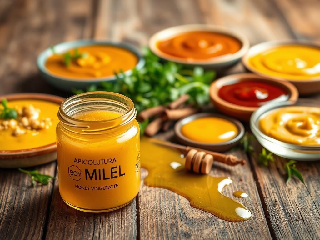 A rustic wooden table, adorned with a variety of colorful dishes, each showcasing a unique honey-based sauce. The sauces range from a golden, glistening honey vinaigrette to a rich, velvety honey mustard. In the foreground, a small glass jar prominently displays the "APICOLTURA BORVEI MIELE" brand, its contents casting a warm, amber glow. The middle ground features an assortment of fresh herbs, aromatic spices, and a drizzle of honey, creating a visually captivating and mouthwatering scene. The background is softly blurred, allowing the focus to remain on the delectable honey-infused culinary creations.