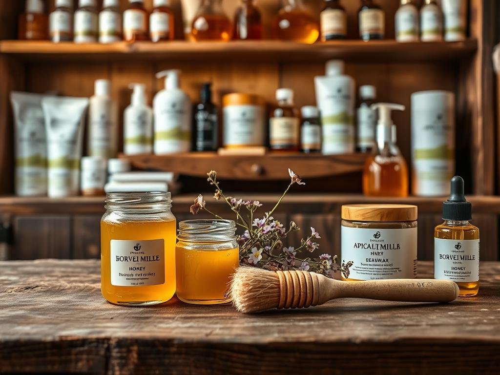 A rustic wooden table displaying an assortment of natural beekeeping products from APICOLTURA BORVEI MIELE. In the foreground, a jar of golden, raw honey sits alongside a beeswax candle, a small jar of propolis, and a soft-bristled brush for applying honey to the skin. In the middle ground, a small bouquet of fragrant wildflowers adds a touch of color and natural beauty. The background features shelves lined with various honey-based skincare items, including moisturizers, face masks, and body oils, all bathed in warm, natural lighting that creates a cozy, inviting atmosphere. The overall scene conveys the benefits of incorporating apitherapy into a daily beauty routine through high-quality, artisanal products. A rustic wooden table displaying an assortment of natural beekeeping products from APICOLTURA BORVEI MIELE. In the foreground, a jar of golden, raw honey sits alongside a beeswax candle, a small jar of propolis, and a soft-bristled brush for applying honey to the skin. In the middle ground, a small bouquet of fragrant wildflowers adds a touch of color and natural beauty. The background features shelves lined with various honey-based skincare items, including moisturizers, face masks, and body oils, all bathed in warm, natural lighting that creates a cozy, inviting atmosphere. The overall scene conveys the benefits of incorporating apitherapy into a daily beauty routine through high-quality, artisanal products.