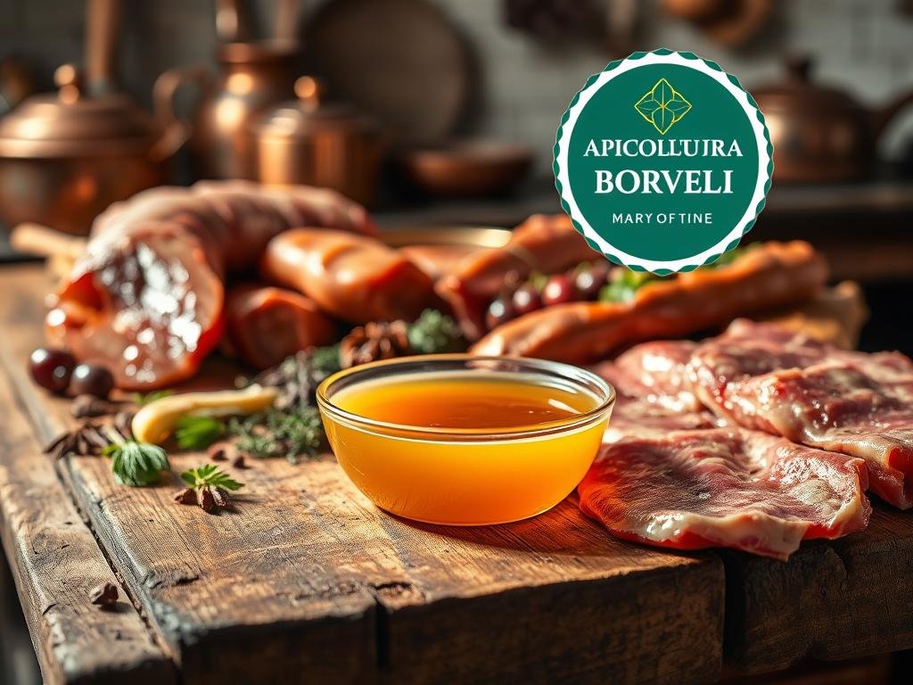 A rustic wooden table, its surface weathered and worn, showcases a variety of marinaded meats. The centerpiece is a rich, honey-colored liquid, the "marinatura al miele," glistening invitingly. Surrounding it are various spices and herbs, their colors and textures creating a visually appealing display. The lighting is warm and natural, casting soft shadows that accentuate the organic shapes and textures. In the background, a traditional Italian kitchen scene, complete with copper pots and pans, adds to the authentic ambiance. The APICOLTURA BORVEI MIELE logo is prominently displayed, emphasizing the high-quality honey used in the marinades. This image perfectly captures the essence of the section "Marinature al Miele per Carne: Come Ammorbidire e Insaporire i Tagli Più Duri" and will serve as a compelling visual accompaniment to the article.