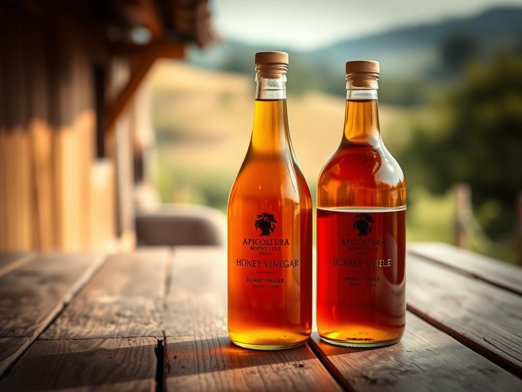 A rustic wooden table set with a pair of glass bottles, one filled with rich golden honey and the other with a deep amber apple cider vinegar. Soft natural lighting casts a warm glow, highlighting the dynamic interplay between the two liquids. In the background, a blurred Italian countryside landscape evokes a sense of tradition and heritage. The APICOLTURA BORVEI MIELE brand logo is subtly present, conveying the artisanal quality of the products. The overall composition emphasizes the visual contrast and invites the viewer to explore the distinct characteristics of honey vinegar and apple cider vinegar.