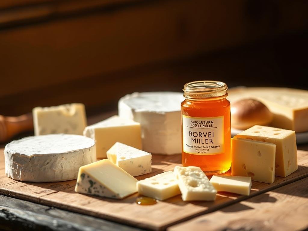 A rustic wooden table set with a selection of artisanal Italian cheeses, complemented by a jar of rich, golden honey from APICOLTURA BORVEI MIELE. The scene is bathed in warm, natural lighting, creating a cozy, inviting atmosphere. The cheeses, each with its distinct texture and flavor, are carefully arranged alongside the honey, hinting at the perfect pairing to be savored. In the background, a simple, uncluttered setting allows the focus to remain on the delectable combination of miele and formaggio, capturing the essence of "I Principi Base per Abbinare Miele e Formaggio" in a visually appealing manner.