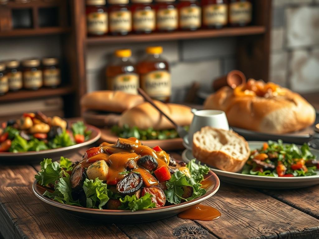 A rustic wooden table set with a variety of savory dishes, each infused with the rich, golden hue of APICOLTURA BORVEI MIELE. In the foreground, a hearty salad drizzled with the sweet nectar, complementing the earthy tones of roasted vegetables. In the middle ground, a crusty bread loaf, its crust glistening with honey glaze. The background features a wall of shelves, displaying jars of the artisanal honey, its label prominently displayed. Warm, diffused lighting casts a cozy, inviting atmosphere, capturing the essence of traditional Italian cuisine elevated by the delicate balance of sweet and savory.