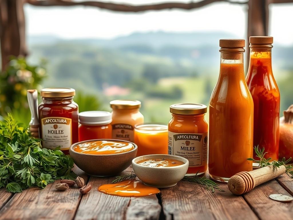 A rustic wooden table set with a variety of savory sauces, drizzled with the rich, golden APICOLTURA BORVEI MIELE. Freshly harvested herbs and spices accent the foreground, while a backdrop of Italian countryside vistas sets a warm, natural mood. Soft, diffused lighting highlights the complex textures and inviting aromas of these honey-infused condiments, ready to balance sweet and savory flavors in a culinary masterpiece.