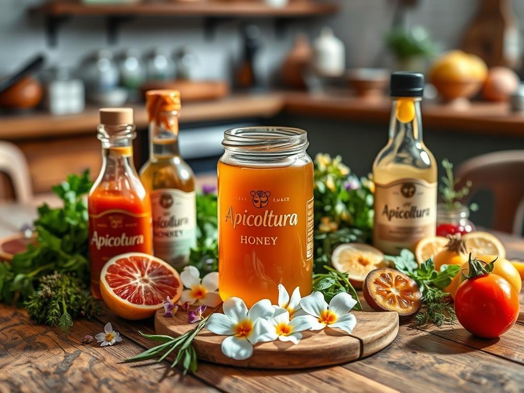 A rustic wooden table set with an array of aromatic condiments and sauces, the centerpiece a glass jar filled with the warm, golden hue of Apicoltura honey. Surrounding it, a selection of fresh herbs, sliced fruits, and delicate flowers, creating a visually appealing and appetizing display. The lighting is soft and natural, casting a cozy, inviting glow over the scene. In the background, a blurred, Italian-inspired kitchen or dining room setting, hinting at the versatility of these honey-based sauces to enhance a variety of dishes. A rustic wooden table set with an array of aromatic condiments and sauces, the centerpiece a glass jar filled with the warm, golden hue of Apicoltura honey. Surrounding it, a selection of fresh herbs, sliced fruits, and delicate flowers, creating a visually appealing and appetizing display. The lighting is soft and natural, casting a cozy, inviting glow over the scene. In the background, a blurred, Italian-inspired kitchen or dining room setting, hinting at the versatility of these honey-based sauces to enhance a variety of dishes.
