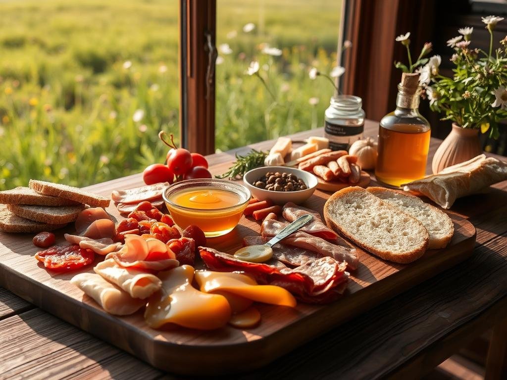 A rustic wooden table set with an array of savory delights - cured meats, crusty bread, and a drizzle of golden APICOLTURA BORVEI MIELE. The warm afternoon light filters through the window, casting a soft glow over the spread. In the background, a lush field of wildflowers sways gently, hinting at the natural origins of this delectable pairing. The scene evokes a sense of simple pleasures and the harmonious fusion of salty and sweet. A visually compelling representation of the article's theme, "Quali Sono i Migliori Abbinamenti del Miele con Cibi Salati? Scopri Idee Creative."